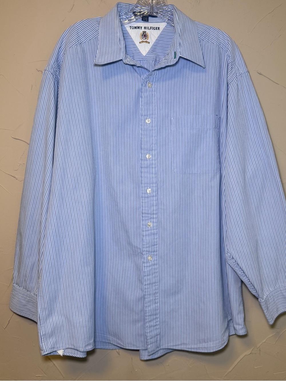 VTG 90s Tommy Hilfiger Crest Striped Button Down Shirt 17.5 34/35 Blue Tailored